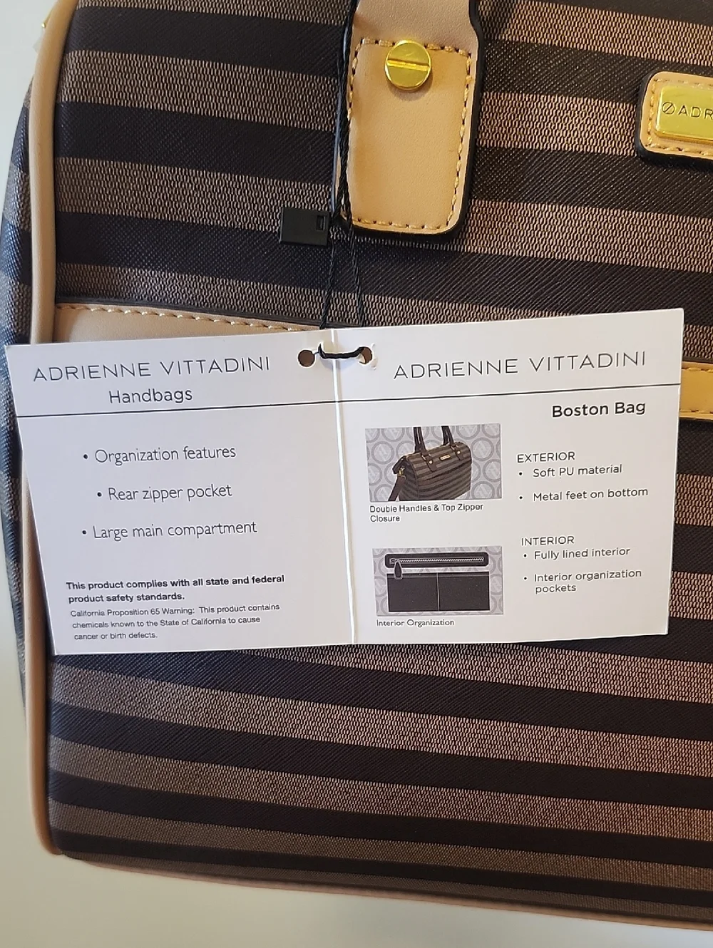 Adrienne Vittadini Brown Striped Satchel with Tan Trim - Picture 5 of 11